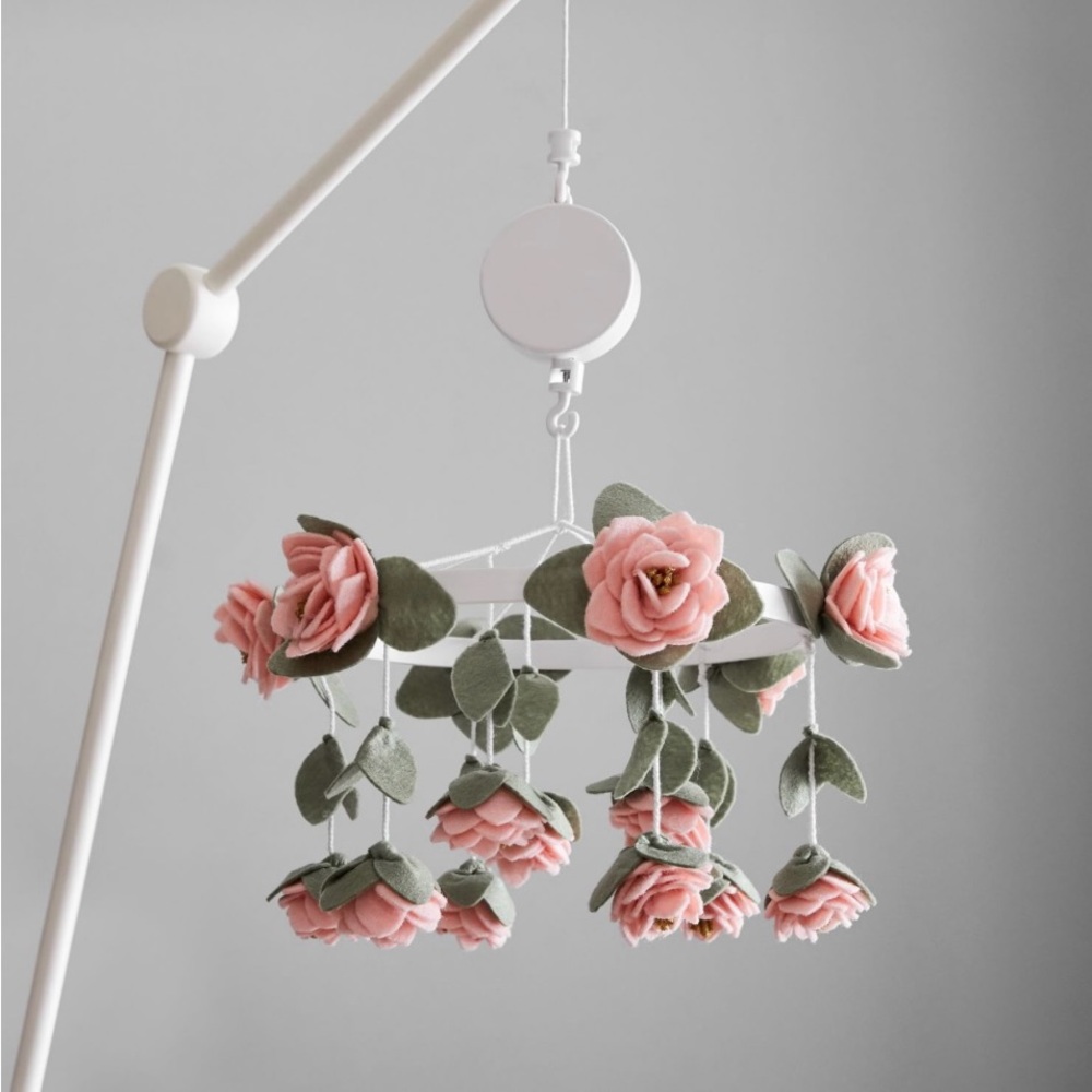 Pottery Barn Felted Pink Roses Musical Baby Crib Mobile with white Mobile Arm